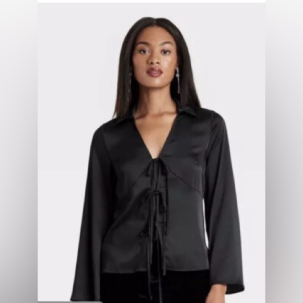 NWT A New Day Long Sleeve Black Satin Tie Blouse